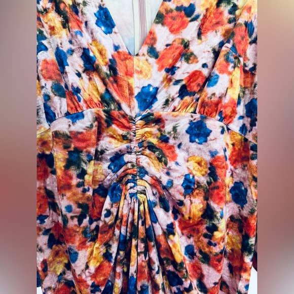 ISABEL MARANT Gilalbi ruched floral-print stretch-velvet midi dress orange US 10 - Picture 8 of 17